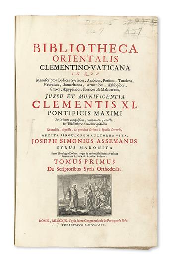ASSEMANI, GIUSEPPE SIMONE. Bibliotheca orientalis Clementino-Vaticana.  4 vols.  1719-28